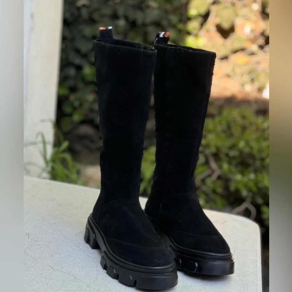 FARM Rio Black Suede Over-the-Knee Boots with Geometric Trim